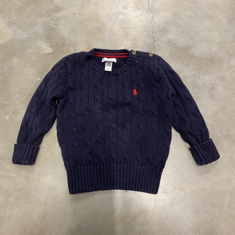 Ralph Lauren Kids Navy Blue Cable Knit Cotton Sweater Shoulder Buttons 18M Pony